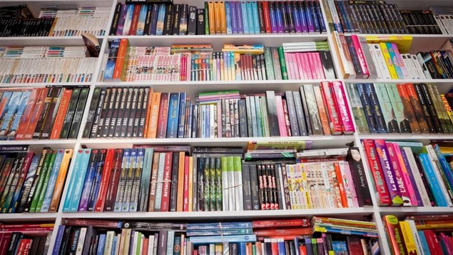 Les étagères d'un meuble bibliothèque sont remplies de livres.