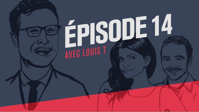 Illustration style bande dessinée représentant l'animateur Louis T et ses collaborateurs Kim Lizotte et Vincent Bolduc.