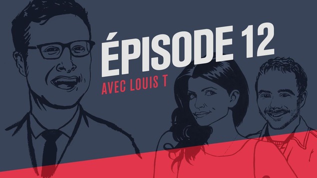 Illustration style bande dessinée représentant l'animateur Louis T et ses collaborateurs Kim Lizotte et Vincent Bolduc.