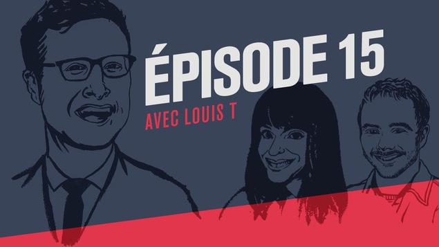 Illustration style bande dessinée représentant l'animateur Louis T et ses collaborateurs Barbara-Judith Caron et Vincent Bolduc.