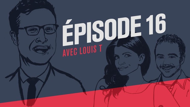 Illustration style bande dessinée représentant l'animateur Louis T et ses collaborateurs Kim Lizotte et Vincent Bolduc.