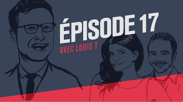 Illustration style bande dessinée représentant l'animateur Louis T et ses collaborateurs Kim Lizotte et Vincent Bolduc.