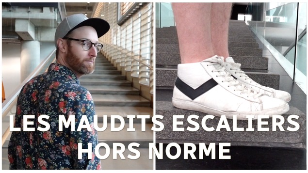 Montage de photos montrant Marc-André Carignan dans des escaliers.