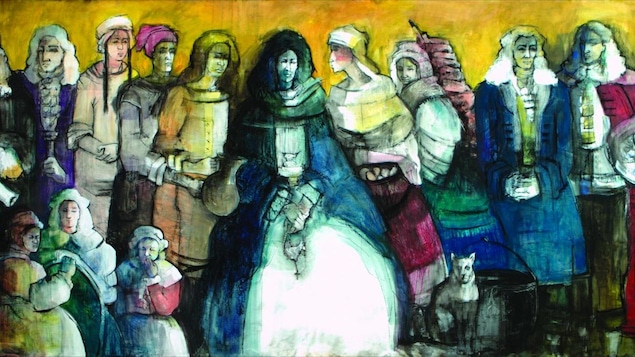 Fresque de personnages peinte par Marie-Denise Douyon, en lien avec l'incendie du 10 avril 1734 à Montréal. On y voit notamment Marie-Josèphe dite Angélique, esclave noire ayant été accusée d'allumer l'incendie.
