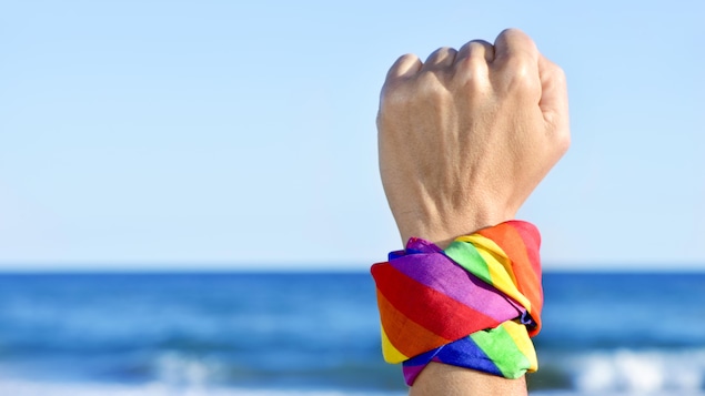 Poing levé avec un bandeau arc-en-ciel, avec la mer en arrière-plan.
