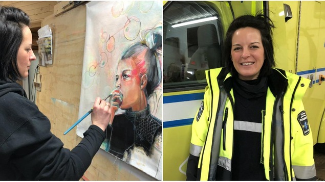 Sur la photo de gauche, Michelle Larouche peint dans son atelier, sur celle de droite, elle pose devant l'ambulance dans son uniforme d'ambulancière