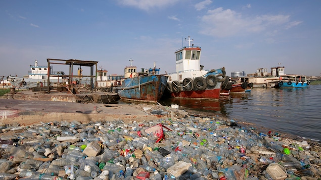 Des déchets de plastique s’empilent près des épaves de la rivière Chatt el-Arab à Bassorah.