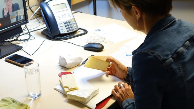 Mireille s'affaire à une évaluation, entourée de fromages, de biscottes neutres et verre d'eau.