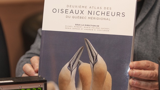 Pierre Gingras tient une copie d'épreuve du <i>Deuxième atlas des oiseaux nicheurs du Québec méridional</i>, à paraître en mars 2019.