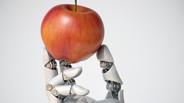 Une main robotisée tenant une pomme.