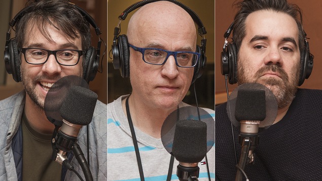 Alexandre Barrette, Alain Vadeboncoeur et Jean-Sébastien Girard au micro de Catherine Perrin.