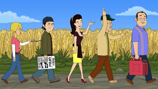 Des personnages de la nouvelle version animée de la série humoristique <i>Corner Gas</i> défilent devant un champ.