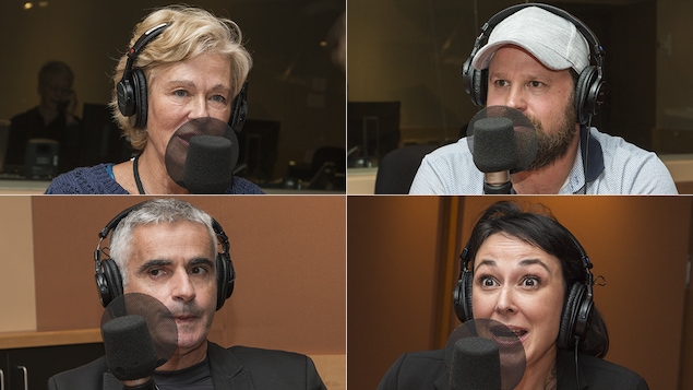 Dominique Demers, Hugo Meunier, Patrice Coquereau et Claudia Larochelle au micro de Catherine Perrin