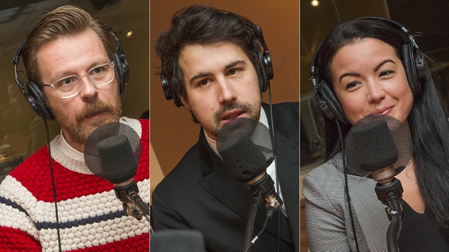 Jean-Pierre Desnoyers, Philippe-Audrey Larrue-St-Jacques et Patricia Trépanier au micro de Catherine Perrin