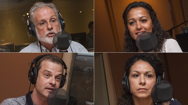 Pierre Dubuc, Ruba Ghazal, Stéphane Leclair et Anita Aloisio au micro de Catherine Perrin