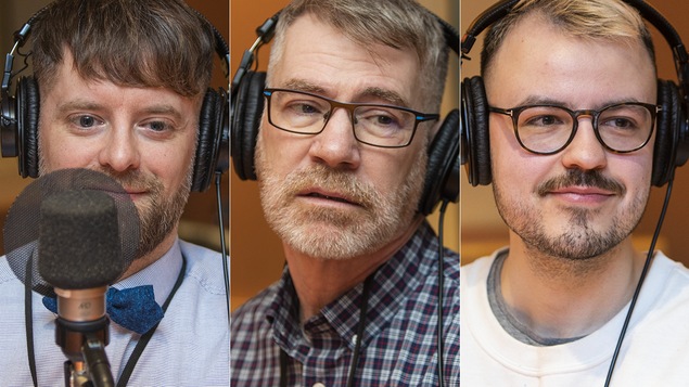 Alexandre Dumont Blais, David Thompson et Vincent Morin au micro de Catherine Perrin.