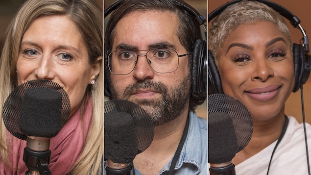 Nadia Gagnier, Samuel Archibald et Varda Étienne au micro de Catherine Perrin.