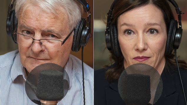 Marc Garneau et Isabelle Tremblay au micro de Stéphan Bureau.