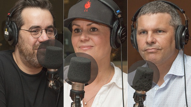 Jean-Sébastien Girard, Patricia Paquin et Nicolas Chevrier au micro de Stéphan Bureau.