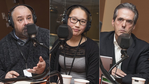 Marc-André Girard, Amy Tran et Glenn O'Farrell au micro de Marie Grégoire