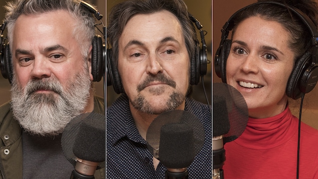 Éric Godin, Guy A. Lepage et Mélissa Désormeaux-Poulin au micro de Catherine Perrin.