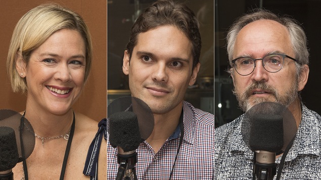 Stéphanie Grammond, Jean-Maximilien Voisine et Maurice Jean au micro de Stéphan Bureau.