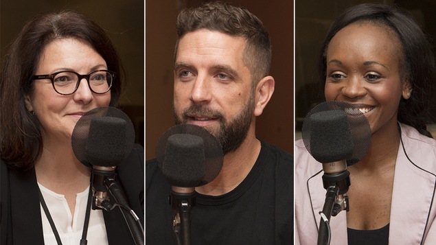 Danielle Poulin, Justin Kingsley et Solange Tuyishime en entrevue au studio 18 de Radio-Canada, à Montréal, le 6 novembre 2017