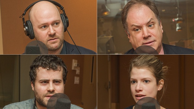 Guillaume Lavallée, Stéphane Giroux, Vincent Larouche et Geneviève Garon au micro de Catherine Perrin