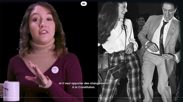 Une youtubeuse montre une photo d'archive de Pierre Elliott Tudeau dansant dans cette image tirée du documentaire interactif <i>Loi Surême</i>.