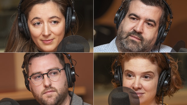 Frédérique Ménard-Aubin, Mathieu Arsenault, Julien Fréchette et Alix Gagnon au micro de Catherine Perrin.