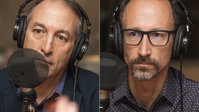 Normand Mousseau et Alain Bourque au micro de Catherine Perrin.