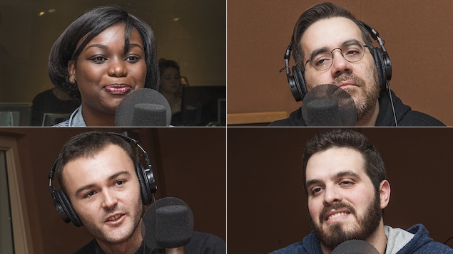 Rhene Marlène Onkirankouni, Jean-Sébastien Girard, Benjamin Auvray et Adel Sakkal au micro de Marie Grégoire
