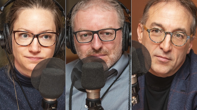 Geneviève Paul, Karel Mayrand et Normand Mousseau au micro de Catherine Perrin.