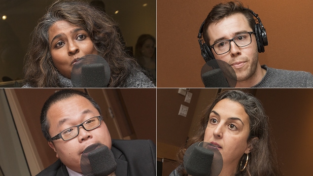 Sumitra Rajagopalan, Marc-André Sabourin, Winston Chan et Mouna Joulali au micro de Catherine Perrin