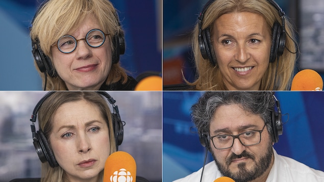 Élise St-André, Sonia Lupien, Tina Montreuil et Ghassan El-Baalbaki au micro de Catherine Perrin.