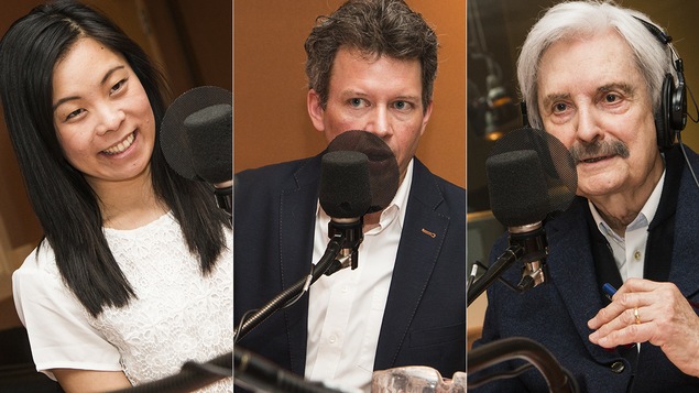 Cathy Wong, Louis Aucoin et Marc Laurendeau au micro de Catherine Perrin