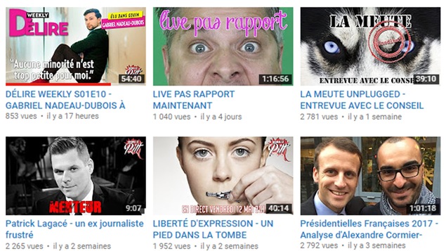 Quelques vidéos proposés par une chaîne YouTube québécoise d'extrême droite