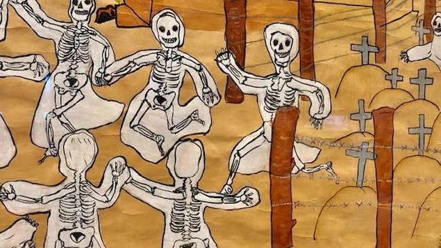 Un dessin de squelettes qui dansent dans un cimetière.