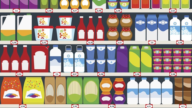 Illustration en couleurs d'un étalage d'épicerie