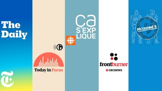 Les logos des cinq balados suivantes : «The Daily» du New York Times, «Today in Focus» de The Guardian, «Ça s'explique» d'ICI Radio-Canada, «Front Burner» de CBC et «Programme B» de Binge Audio.