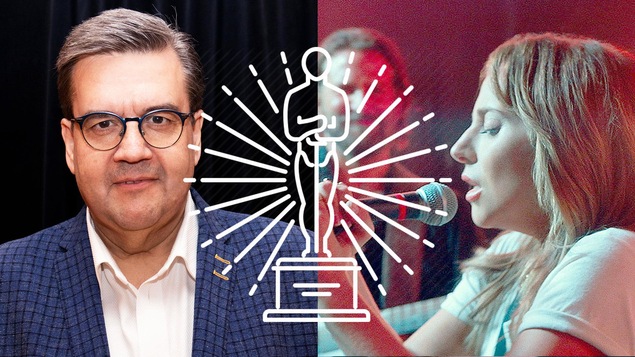 À gauche : Denis Coderre. À droite : Lady Gaga. En superposition : un dessin d'une statuette d'Oscar.