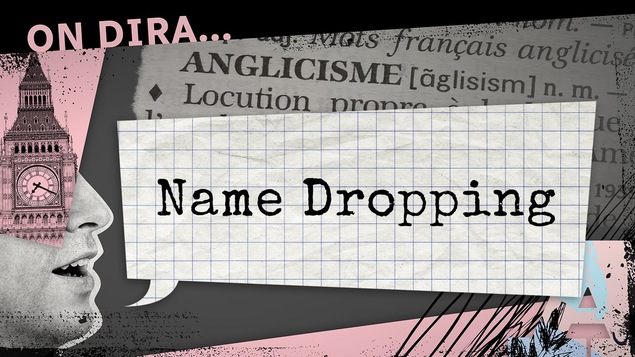 Le mot « name dropping » sur une feuille quadrillée avec un collage d'images en noir, blanc et rose au fond.