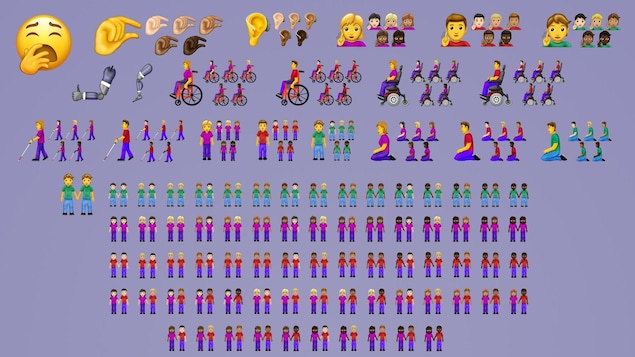 Divers emojis de doigts pincés, personnes en fauteuils roulants, couples interraciaux, etc.