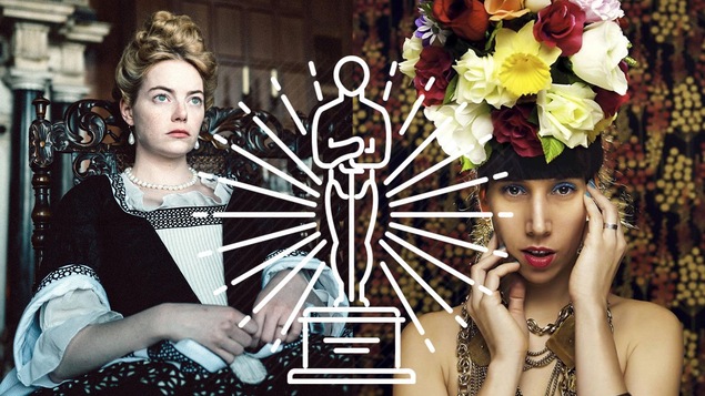 Emma Stone dans «The Favourite» et Donzelle, avec un dessin d'Oscar superposé.