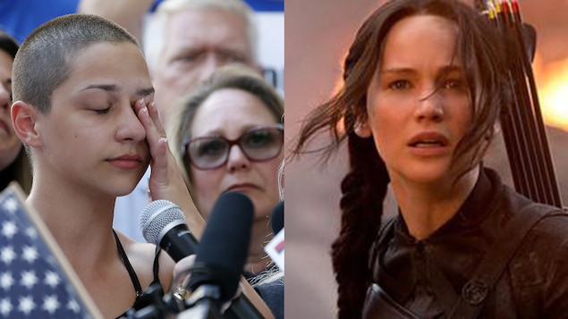 La jeune militante Emma Gonzalez et Katniss Everdeen, interprétée par Jennifer Lawrence, dans un collage photo.