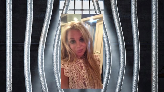 Capture d'écran du compte Instagram de Britney Spears, placé en mortaise sur un fond de barreaux de prison.