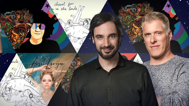 Pochettes d'albums de Dead Obies, Robert Charlebois, Cheval fou et Avril Lavigne, avec les portraits de Fred Savard et Olivier Robillard Laveaux en premier plan.