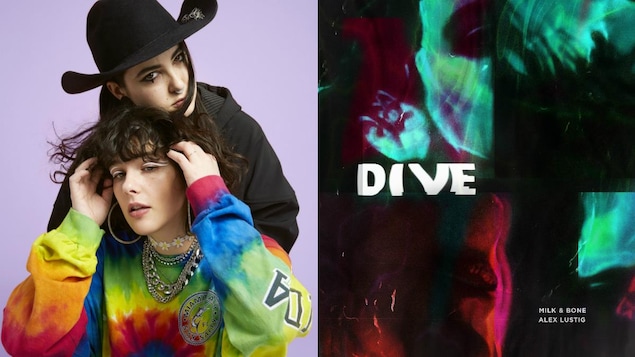 À gauche : portrait de Laurence Lafond-Beaulne et Camille Poliquin sur fond lilas. À droite : pochette du EP « Dive ».