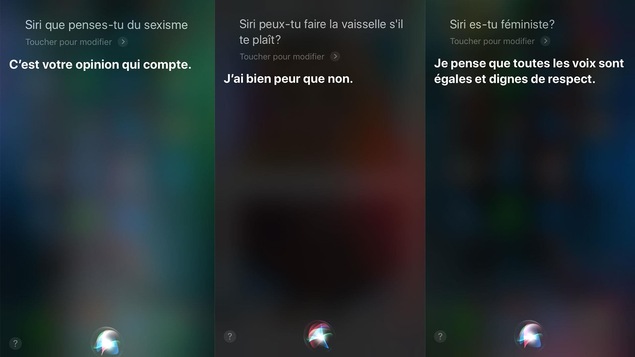 Trois captures d'écran de conversations avec Siri sur le sexisme et le féminisme.