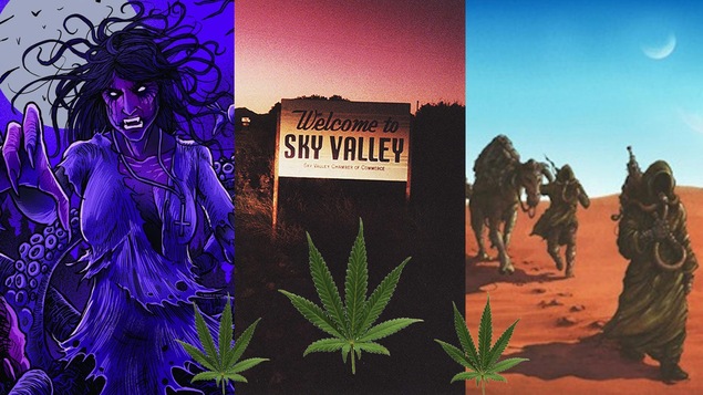 Détails des pochettes d'albums (de gauche à droite): «The Hazytones II : Monarchs of Oblivion » (The Hazytones), « Welcome to Sky Valley » (Kyuss) et « Dopesmoker » de Sleep.